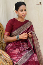 Load image into Gallery viewer, Mercerized cotton texture detail of Ramā GI certified Sambalpuri handloom saree by Pasapali — Bandha ikat surface

