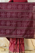 Load image into Gallery viewer, Folded view of Ramā maroon Sambalpuri cotton saree by Pasapali — Bhulia woven, Bandhakala double ikat, Odisha handloom
