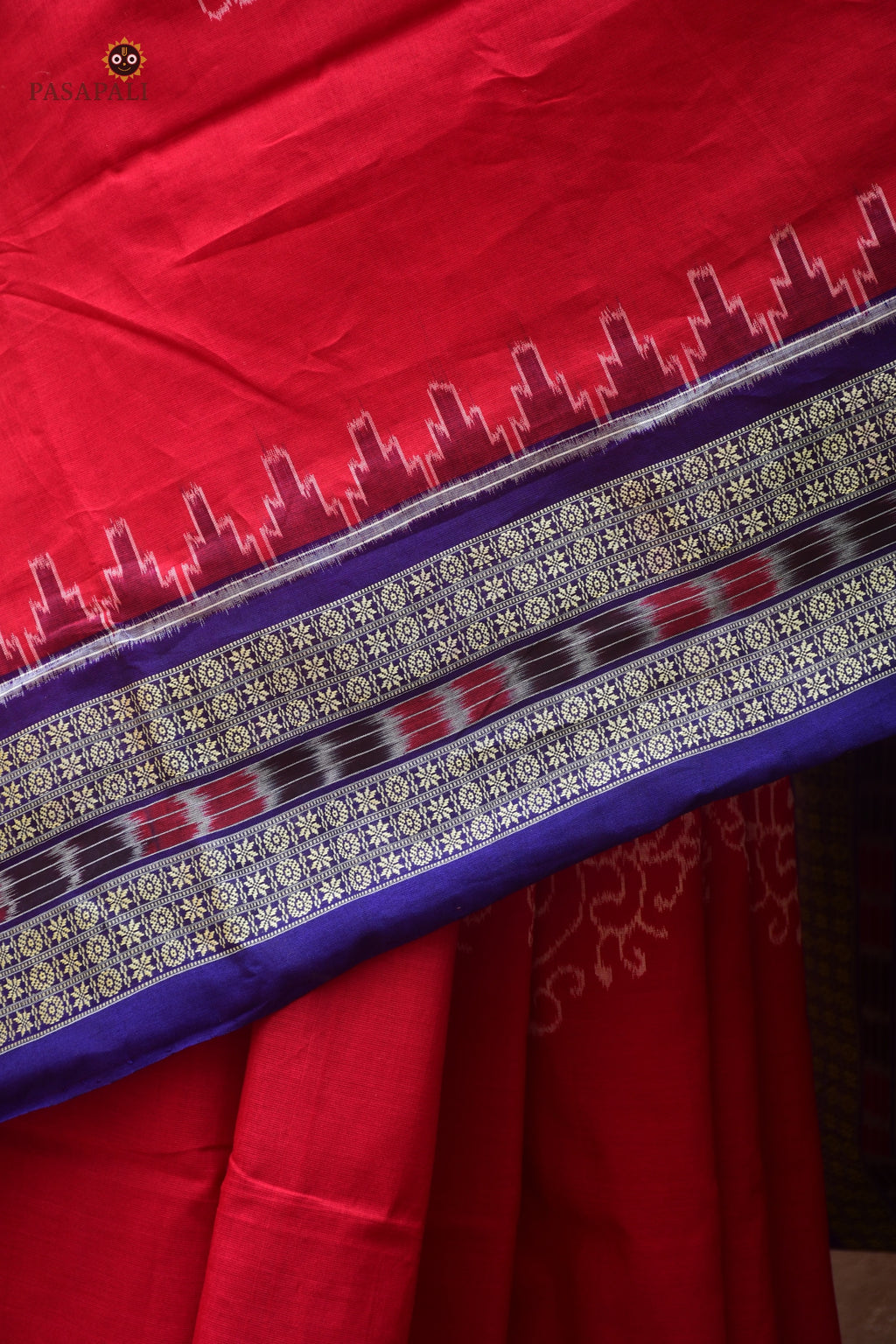 Ratnaprabha Sambalpuri cotton saree draped front view — blue secondary tones in chakra motif body, Pasapali Odisha