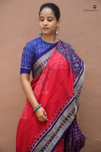 Ratnaprabha phula pallu detail in red and blue — traditional Sambalpuri Bandha double ikat technique by Pasapali