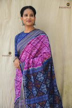 Rekha purple Sambalpuri Bandha mercerized cotton saree full view — jhoti body, Rudraksha border, blue pallu | Pasapali