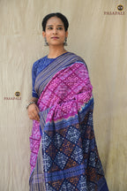 Rekha purple Sambalpuri cotton saree front drape — jhoti motifs across body, Rudraksha border detail | Pasapali handloom