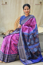 Load image into Gallery viewer, Rekha purple Sambalpuri handloom saree folded — blue pallu jhoti motif visible, Bandha ikat weave | Pasapali
