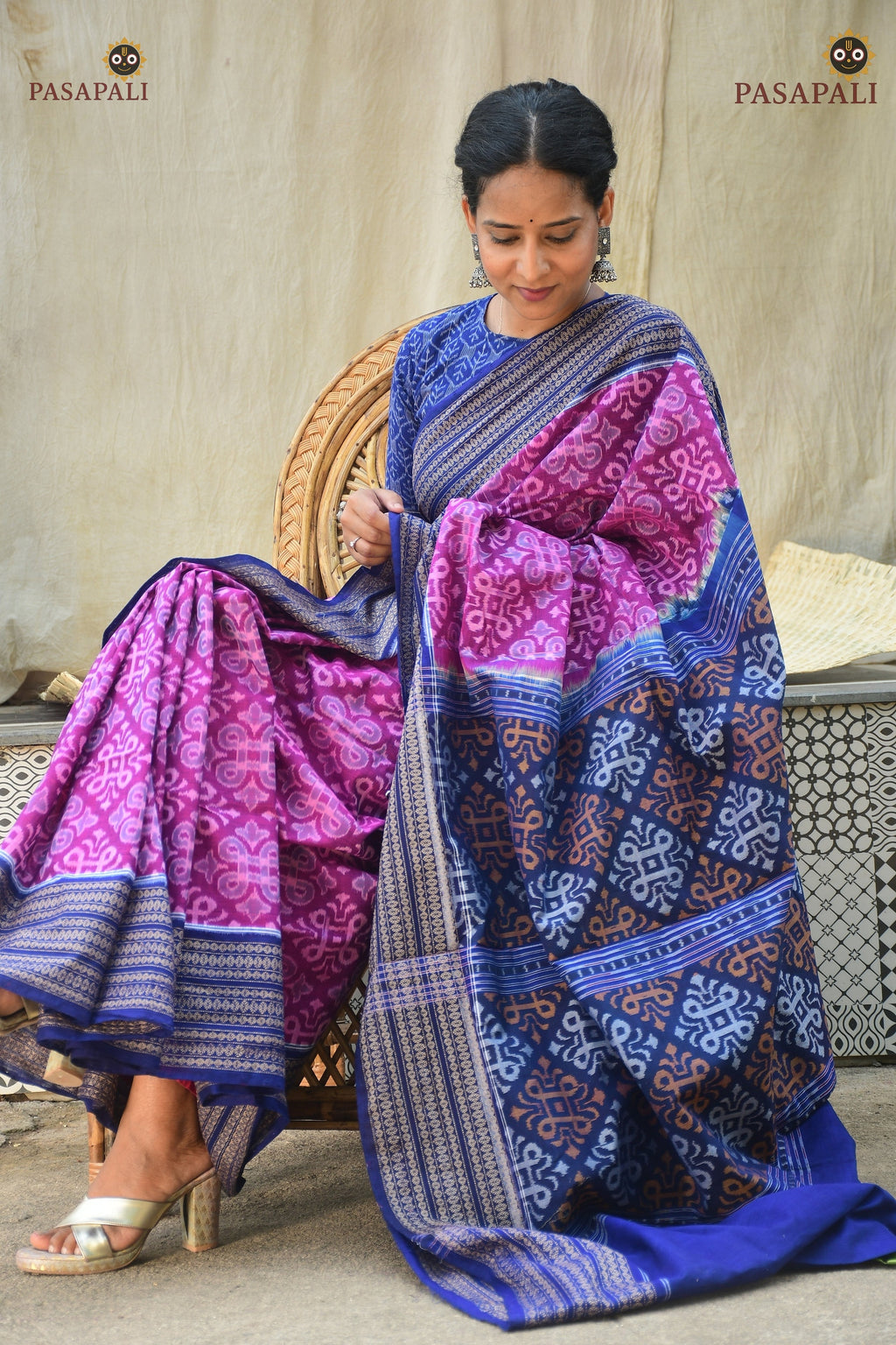 Rekha authentic Sambalpuri cotton saree handloom drape — purple body, Rudraksha border, Bhulia weavers Odisha | Pasapali