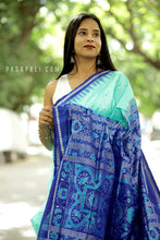 Load image into Gallery viewer, Detailed Jala work fish and floral ikat motifs on a Royal Blue silk pallu
