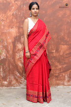 Sachipar Daanti red Sambalpuri cotton saree by Pasapali — full view, Bandha double ikat, Danti checks body