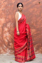 Sachipar Daanti red mercerized cotton saree — front drape, chevron ikat pallu, Sambalpuri Bandha weave, Pasapali