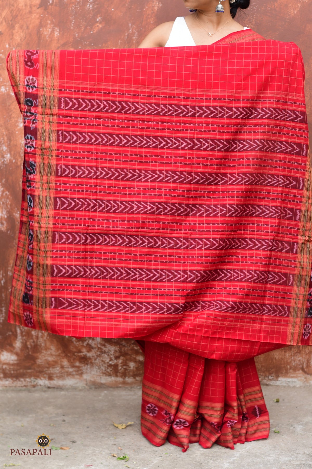 Sachipar Daanti motif detail — Rudraksha and horse buta border, Bandhakala technique, Sambalpuri handloom saree