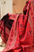 Load image into Gallery viewer, Ikat fish and flower motifs on red pallu — Sachipar Black Sambalpuri Bandha saree, Pasapali Odisha
