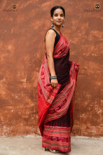 Load image into Gallery viewer, Sachipar Black Sambalpuri Bandha cotton saree by Pasapali — full view with red pallu and Rudraksha double border
