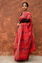 Load image into Gallery viewer, Rudraksha motif double border close-up on Sachipar Black Sambalpuri Bandha saree by Pasapali
