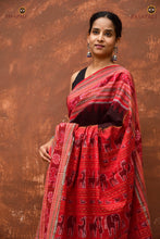 Load image into Gallery viewer, Handloom drape of Sachipar Black &amp; Red Sambalpuri Bandha saree by Pasapali, Bhulia weavers Odisha
