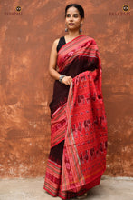 Load image into Gallery viewer, Elephant and deer ikat motif detail on red pallu — Sachipar Sambalpuri Handloom saree by Pasapali
