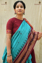 Sachipar Rama Green Sambalpuri Bandha mercerized cotton saree by Pasapali — full hero view with maroon border and lotus pallu