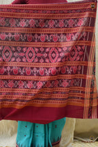 Front drape detail of Sachipar GI certified Sambalpuri cotton saree in Rama Green showing pallu fall by Pasapali