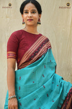 Body weave detail of Sachipar Sambalpuri Bandha saree — Sachipar check pattern with fish buta in mercerized cotton by Pasapali