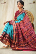 Mercerized cotton texture detail of Sachipar Rama Green Sambalpuri handloom saree showing Bandha ikat thread precision by Pasapali