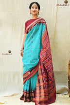 Folded flat detail of Sachipar Sambalpuri cotton saree in Rama Green with maroon border — Pasapali Bandha handloom