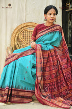Motif detail on Sachipar Sambalpuri cotton saree — fish buta and ikat chevron from Bhulia weavers Odisha by Pasapali