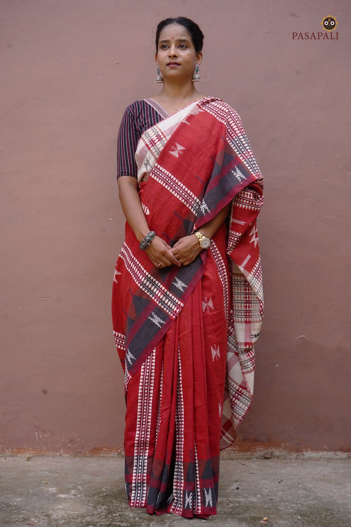 Sandhya Rust Kotpad Handloom Cotton saree by Pasapali — full hero view, natural dye, tribal motifs