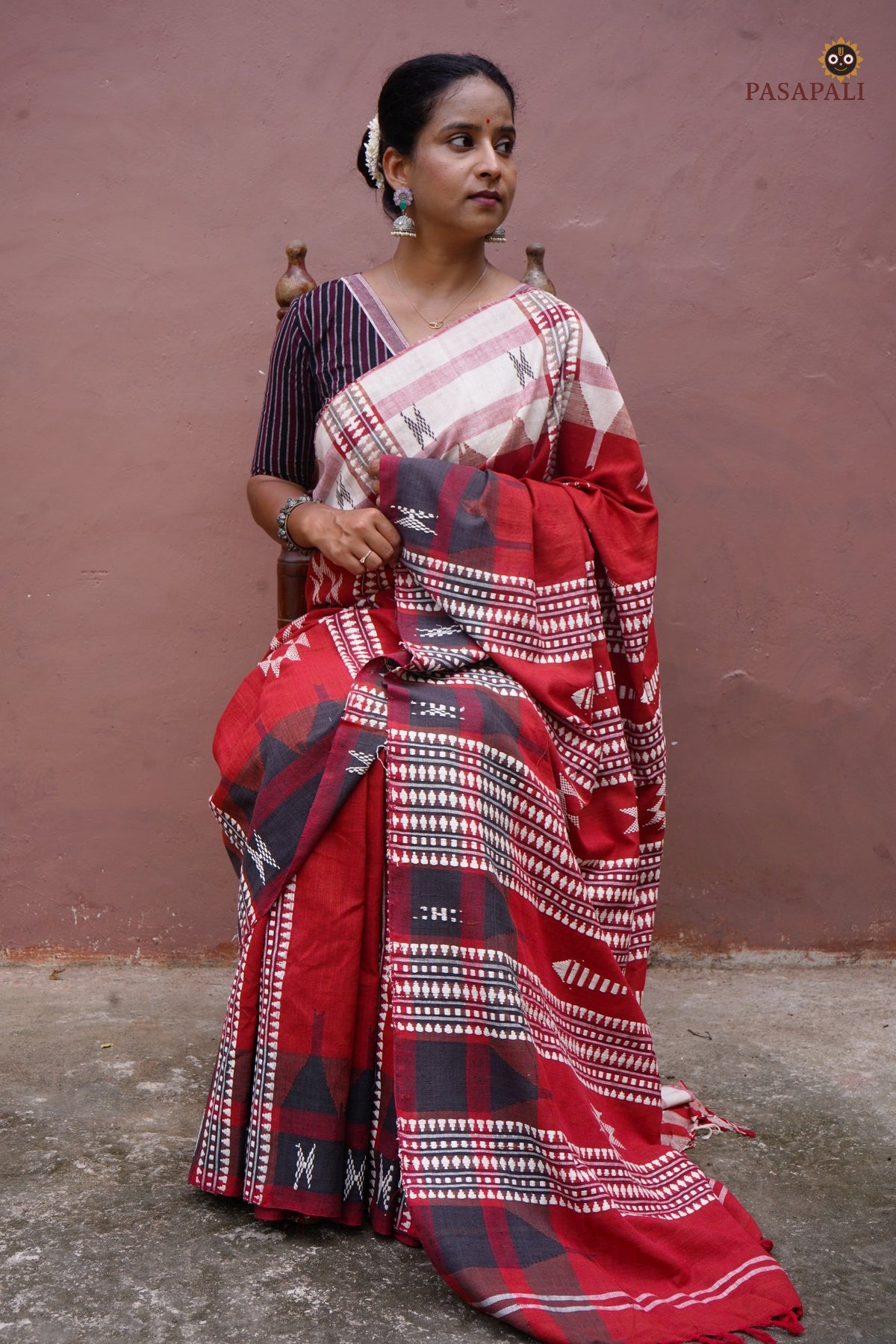 Sandhya Rust Kotpad natural dye Cotton saree flat lay — full view, GI certified textile, Pasapali