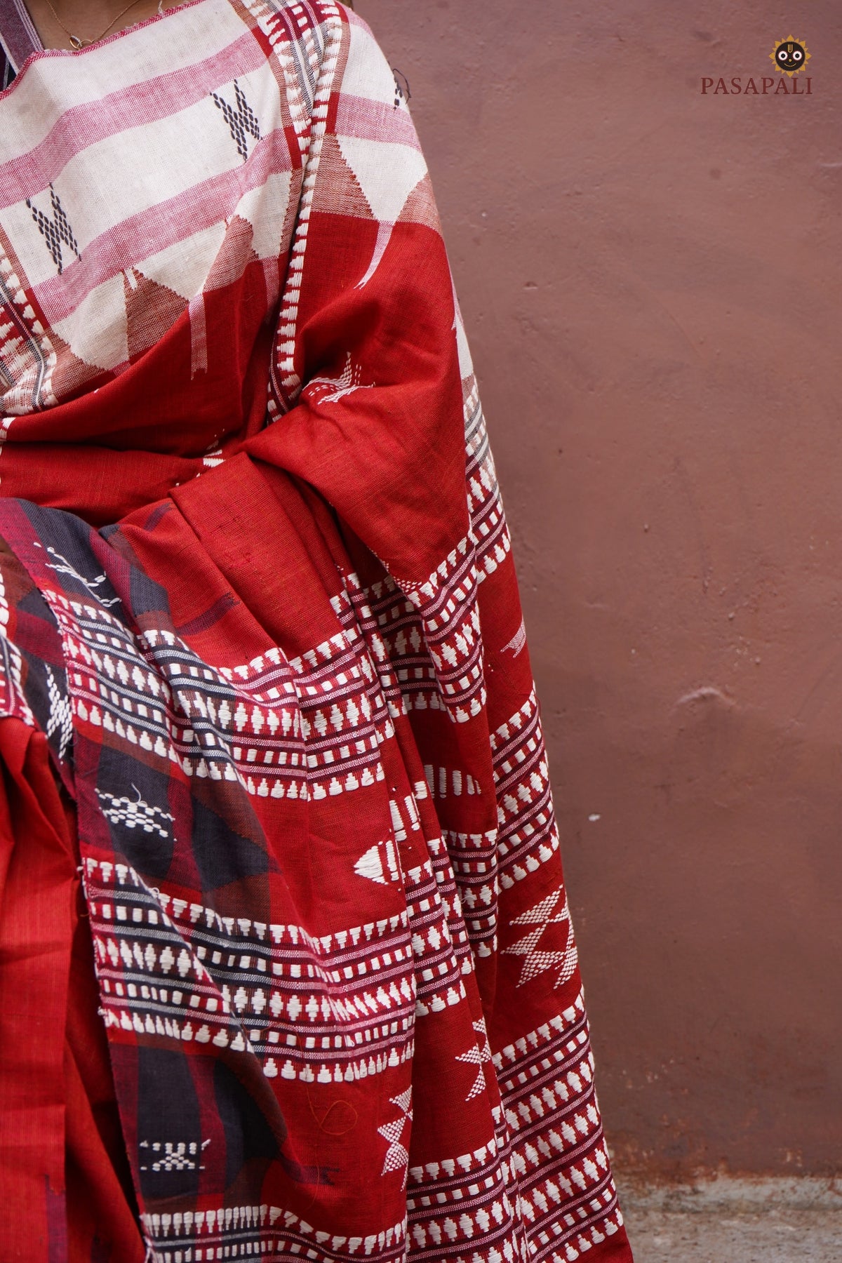 Sandhya Kotpad Cotton saree draped front — vegetable dyed, tribal handloom, Mirgan weavers, Pasapali