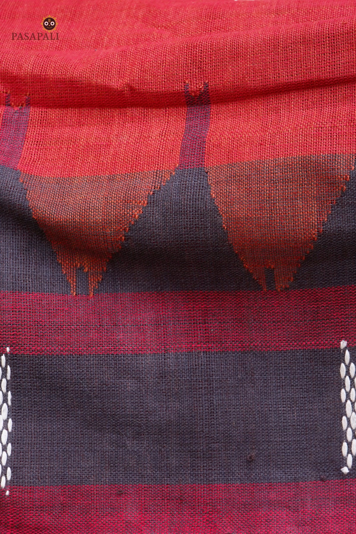 Sandhya Kotpad saree pallu view — macha pharsa tribal motifs, natural dye cotton, Pasapali Odisha
