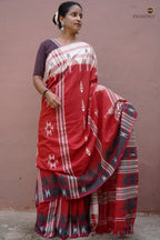 Sandhya Rust Kotpad Cotton saree front drape — aal bark dye, macha and pharsa motifs, Pasapali