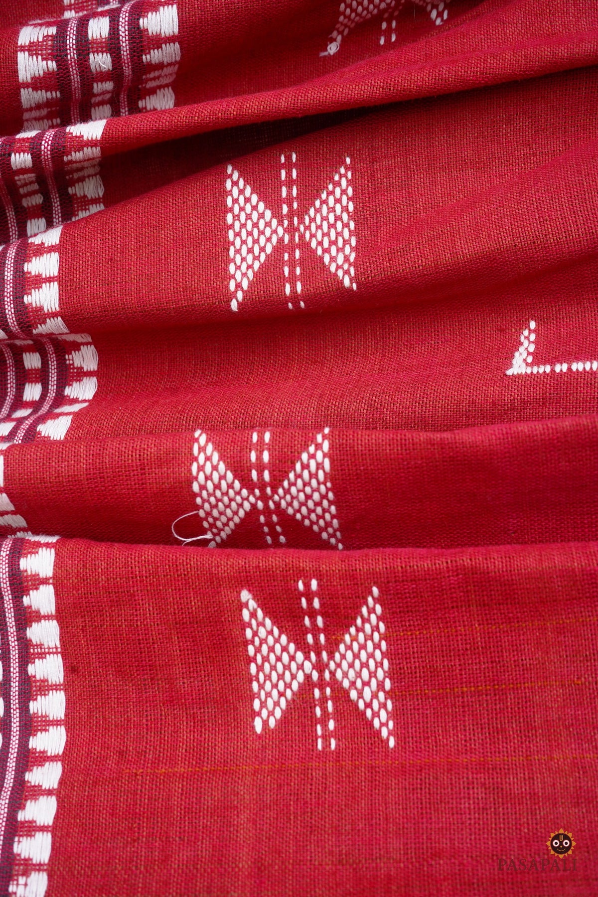 Sandhya Kotpad saree handloom drape view — rust cotton, natural dye, tribal weave, Pasapali Odisha
