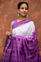 Purple pallu with flower motif and ikat stripe patterns — Shabari Sambalpuri Bandha saree by Pasapali