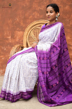 Folded Shabari Sambalpuri Bandha saree — white and purple mercerized cotton, GI certified, Pasapali