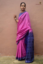 Flat lay of Shailabala Sambalpuri cotton saree in pink — kathiphera border, Phula pallu, 5.40 metre length. Pasapali.