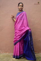 Close-up of ek phulia and kathiphera border on Shailabala Sambalpuri Bandha cotton saree in pink and blue. Pasapali.
