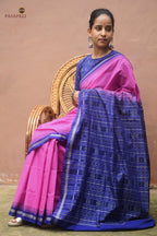 Solid pink plain body weave detail of Shailabala — Bhulia handloom mercerized cotton, Sambalpuri Bandha. Pasapali.