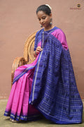 Folded view of Shailabala pink Sambalpuri cotton saree showing ek phulia border and Phula pallu layers. Pasapali.