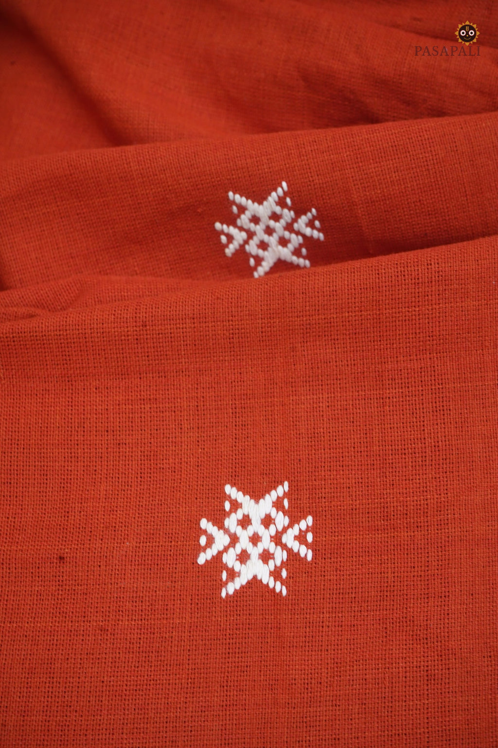 Shalmali orange Kotpad handloom cotton saree by Pasapali — full hero view, natural dye, tribal motifs