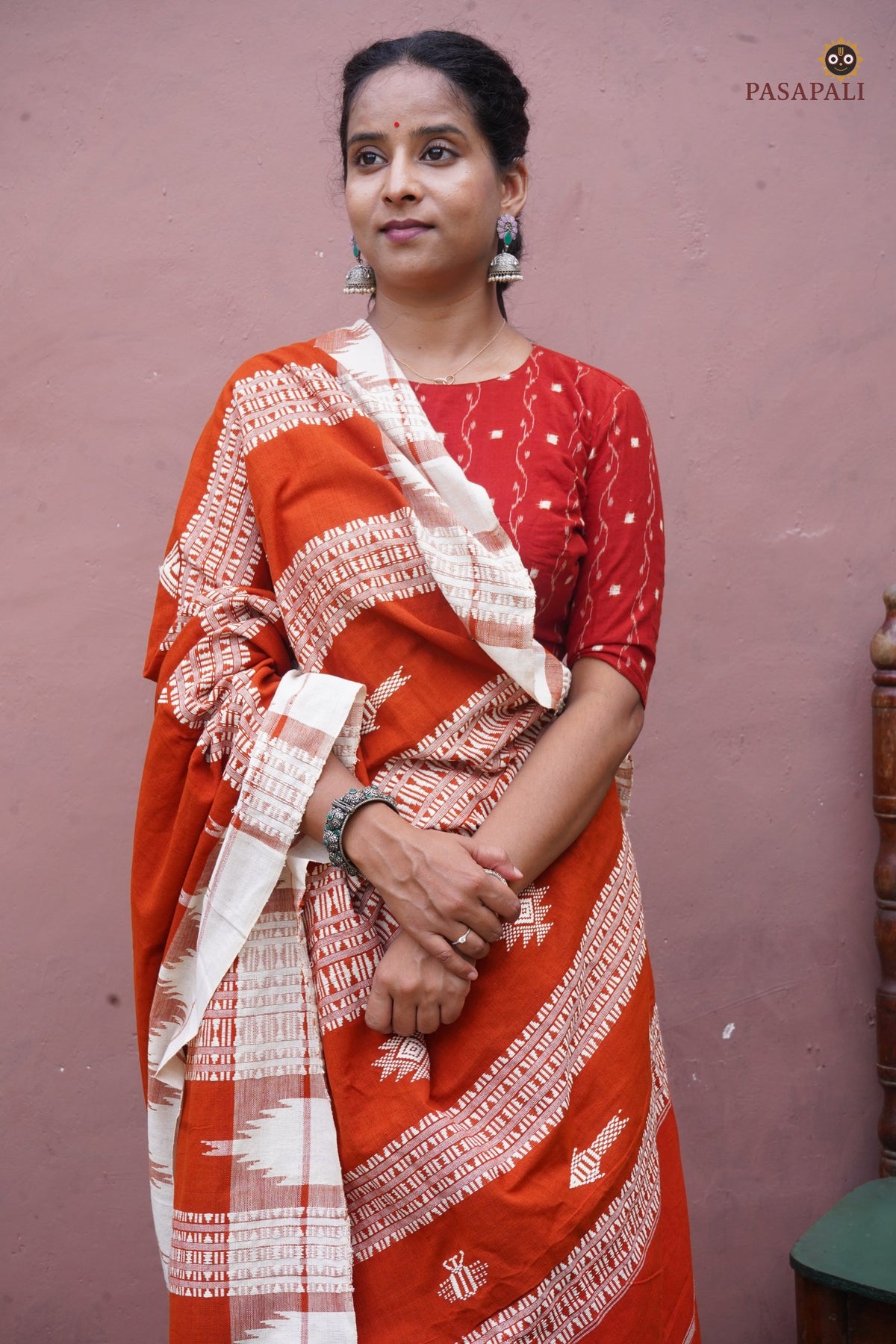 Macha and pharsa motif detail on Shalmali — extra-weft technique, authentic Kotpad handloom, Odisha