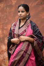 Flat lay of Sharada Pink Sambalpuri Bandha saree — full 5.40m length, blouse included, Pasapali handloom collection