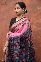 Sharada Sambalpuri cotton saree folded flat — pink body, black border, GI certified Sambalpuri handloom, Pasapali