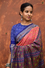 Load image into Gallery viewer, Flat lay of Sharmila pink Sambalpuri Bandha mercerized cotton saree with blue pallu and Rudraksha border, Pasapali
