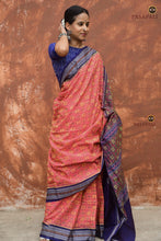 Load image into Gallery viewer, Sharmila pink Sambalpuri Bandha mercerized cotton saree from Pasapali — full hero view with geometric floral body and blue pallu
