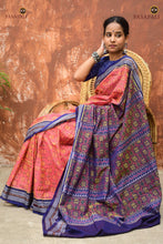 Load image into Gallery viewer, Handloom drape view of Sharmila Sambalpuri cotton saree — pink body, blue pallu, Bhulia weavers Odisha, Pasapali
