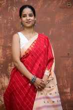 Load image into Gallery viewer, Sharvari Red Sambalpuri cotton saree front drape — fish and tortoise Kotpad motifs in pallu
