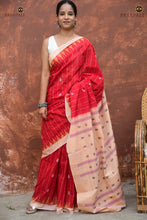 Load image into Gallery viewer, Sharvari GI certified Sambalpuri handloom saree draped view — red mercerized cotton, Odisha
