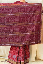 Load image into Gallery viewer, Front drape showing Lakshmi inspired ikat motifs — Shri maroon Sambalpuri Bandha saree, Pasapali
