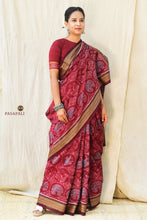 Load image into Gallery viewer, Shri Goddess Lakshmi Inspired maroon Sambalpuri Bandha cotton saree full view — Pasapali handloom
