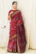 Load image into Gallery viewer, Shri Goddess Lakshmi Inspired maroon saree front drape — Sambalpuri double ikat mercerized cotton by Pasapali
