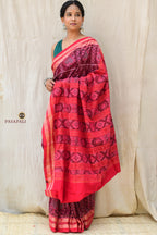 Shubhashree maroon Sambalpuri Bandha saree — front drape view showing fish and shankha motifs across the body, Pasapali