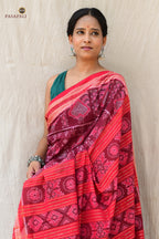Shubhashree GI certified Sambalpuri handloom saree — folded flat showing maroon body with ikat patterning, Pasapali