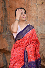 Load image into Gallery viewer, Shvetra orange Sambalpuri cotton saree, Bandha double ikat, Bhulia handloom, Pasapali — full view
